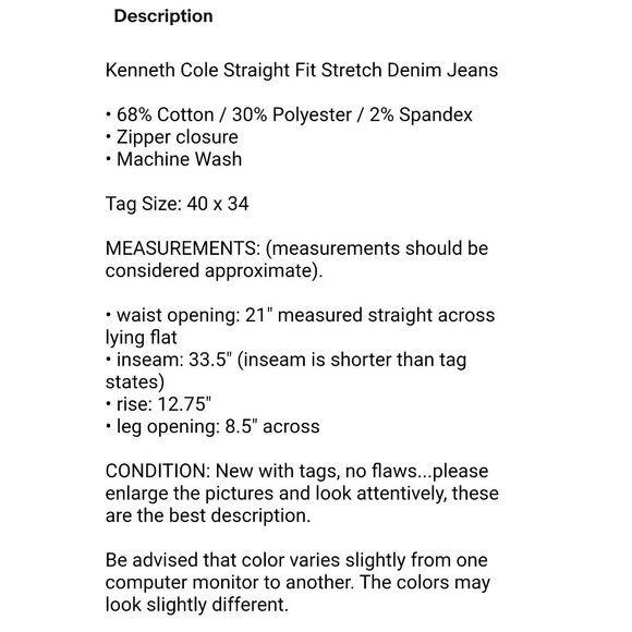 Kenneth Cole Straight Fit Stretch Denim Jeans Men's 40 x 34 (33.5" actual) NWT - Picture 12 of 12